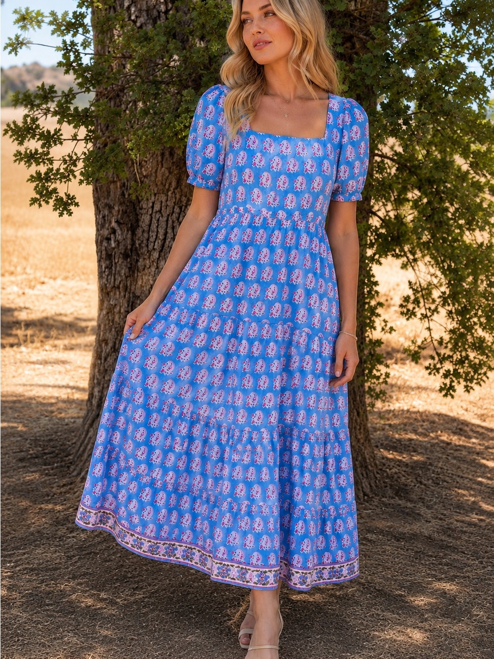 Blue Floral Square-Neck Maxi Dress